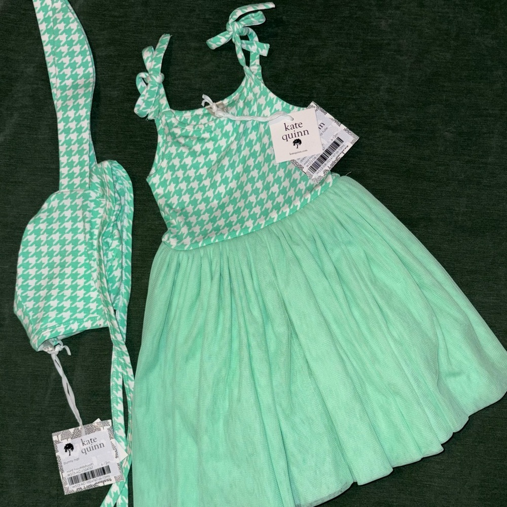 Kate Quinn Lime Houndstooth Dress with matching Bunny Ear Bonnet